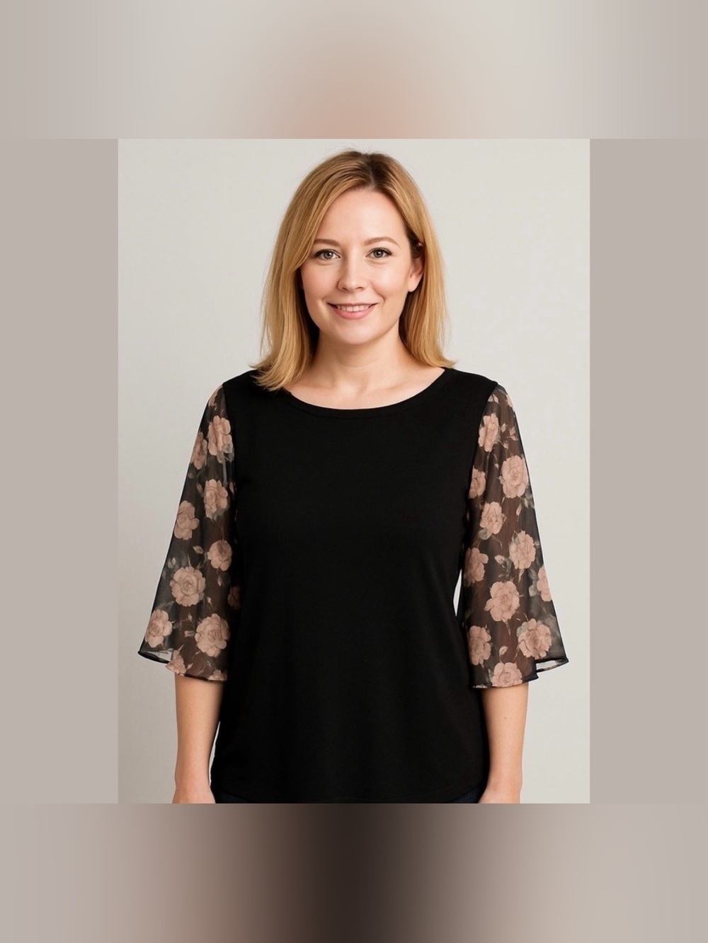 Amaryllis Black Floral Sheer Sleeve Top Large